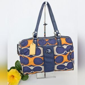 🌺 Coach Signature Stripe Satchel handbag. Navy and Orange Shoulder Bag